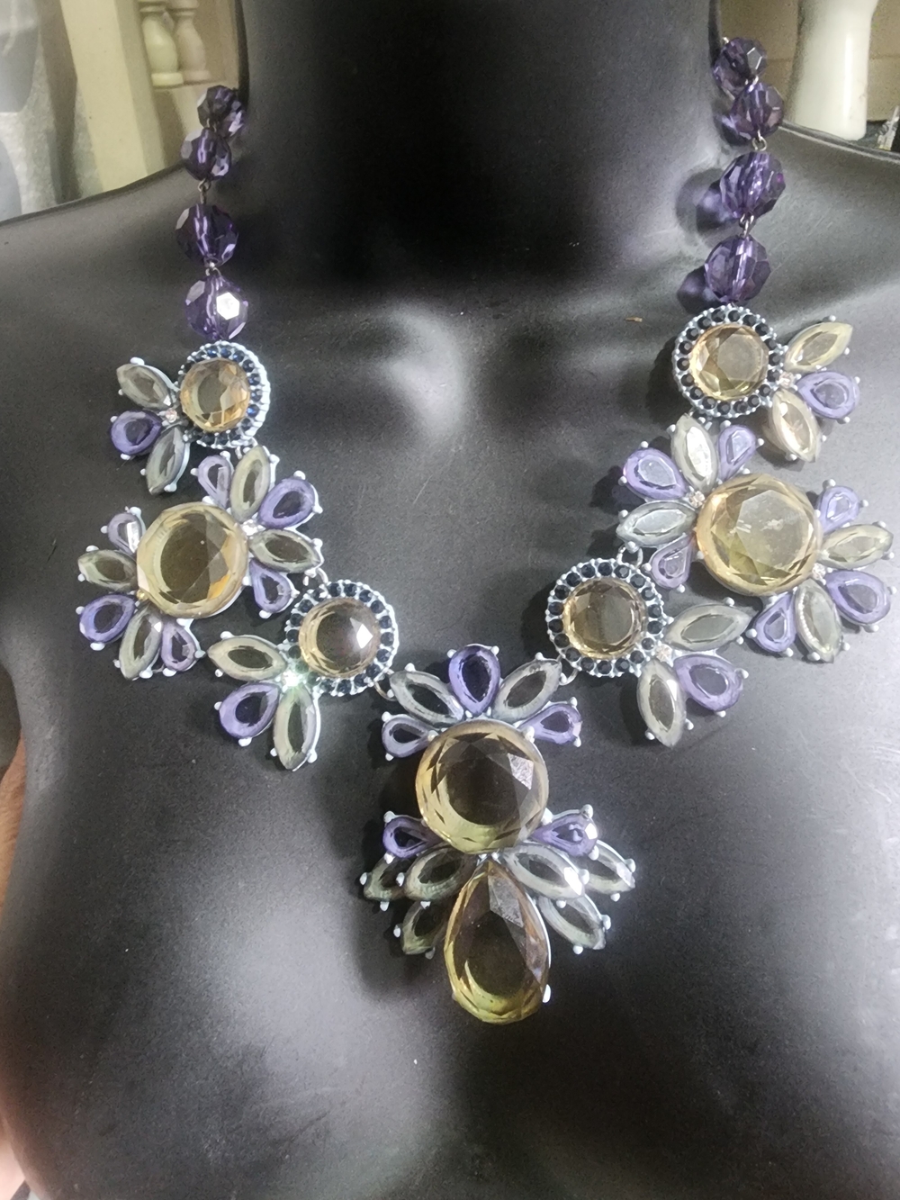 Floral Statement Bib Necklace | Purple Lavender & Honey Yellow Faceted Gems